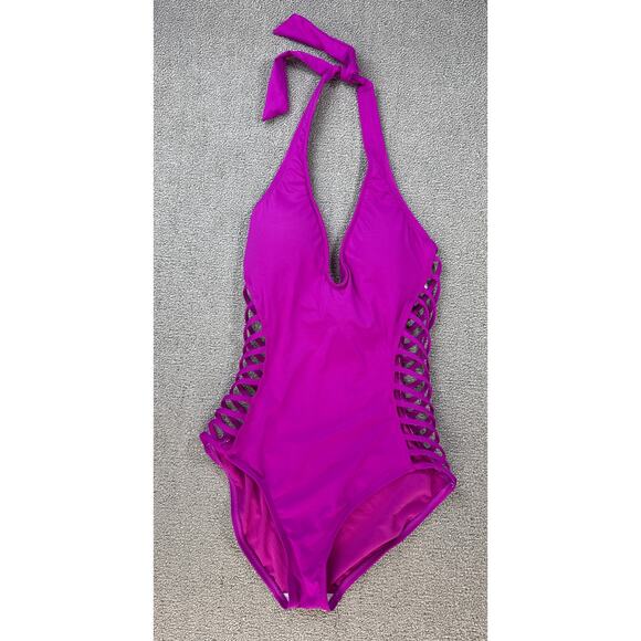 Kenneth Cole New York One Piece Swimsuit Halter Cut Out Sides Fuchsia Medium - Picture 3 of 11